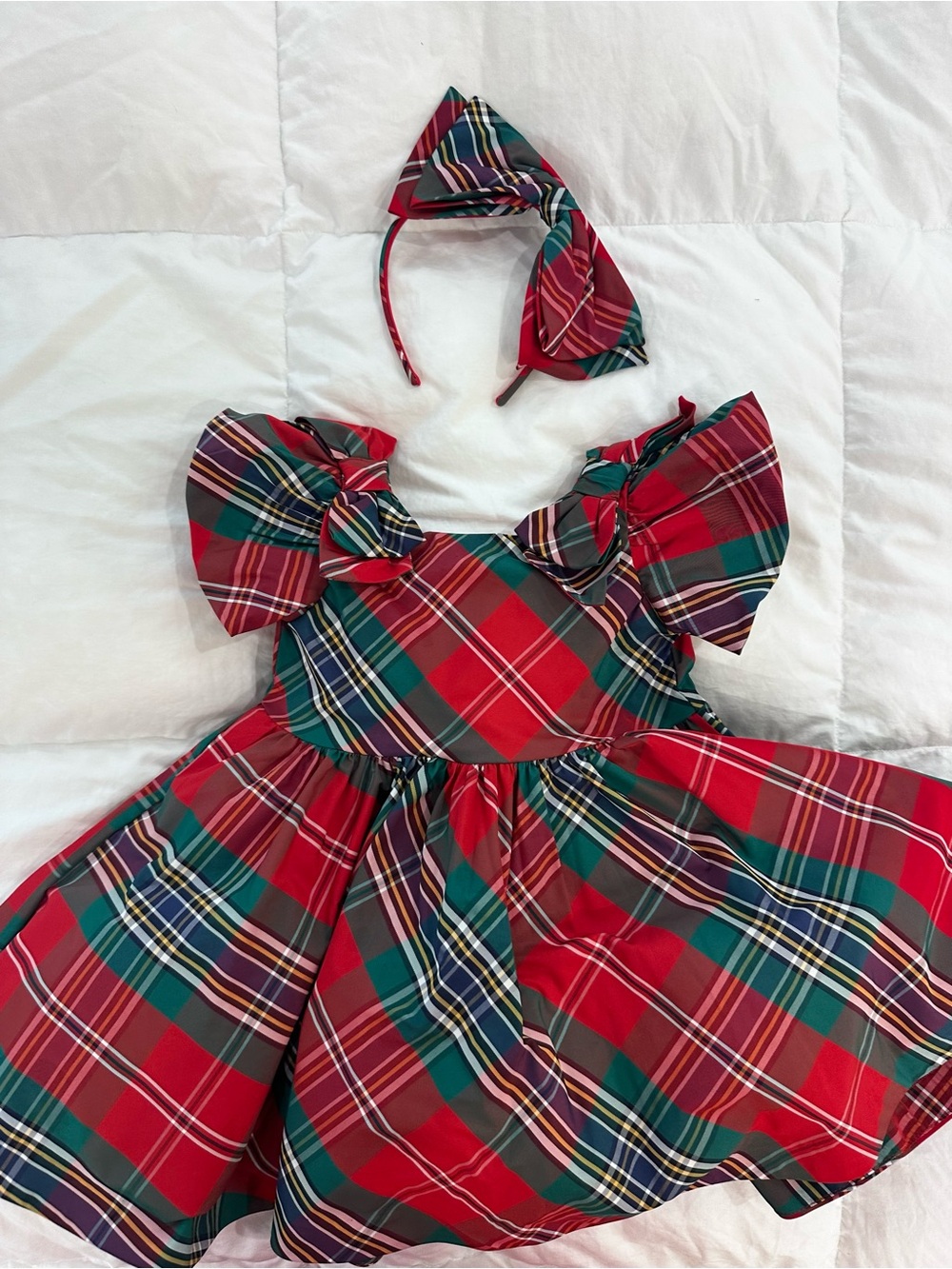 Janie and Jack Plaid Red & Green Girls' Holiday Dress with Bow Headband 6-12m